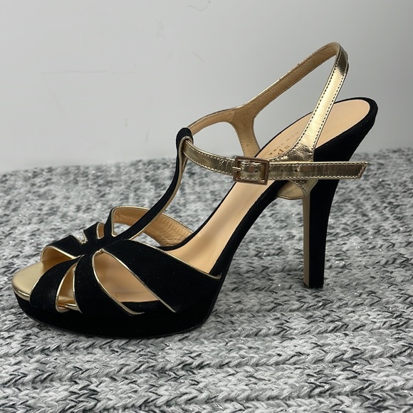 KATE SPADE ♠️ Black Gold Rosie Sandals Heels 8 - Picture 6 of 16